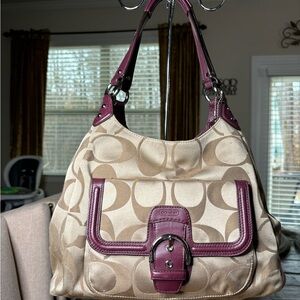 Coach Beige and Burgundy Signature Shoulder Bag